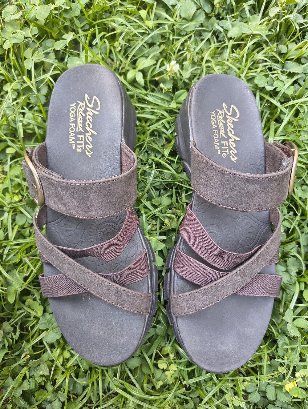 Skechers Women's Dark Brown Crisscross Slide Sandals